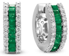 1.32CT DIAMOND & AAA EMERALD 14KT WHITE GOLD 3D 3 ROW HUGGIE HANGING EARRINGS