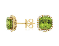 4.21CT DIAMOND & AAA PERIDOT 14KT YELLOW GOLD 3D CUSHION & ROUND SQUARE EARRINGS