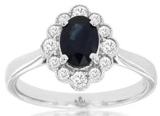 1.35CT DIAMOND & AAA SAPPHIRE 14KT WHITE GOLD OVAL & ROUND FIIGREE FLOWER RING
