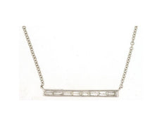 ESTATE .14CT DIAMOND 14KT WHITE GOLD 3D CLASSIC BAGUETTE SIDEWAY BAR NECKLACE