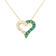 .53CT DIAMOND & AAA EMERALD 18KT YELLOW GOLD 3D OPEN HEART LOVE FLOATING PENDANT