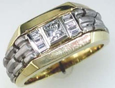 .62CT DIAMOND 14K 2 TONE GOLD PRINCESS & BAGUETTE GREEK DESIGN CHANNEL MENS RING