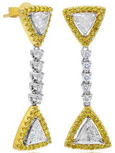 2.24CT WHITE & FANCY YELLOW DIAMOND 18K 2 TONE GOLD 3D TRILLION & ROUND EARRINGS