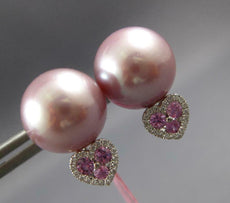 .37CT DIAMOND & AAA PINK SAPPHIRE & PINK SOUTH SEA PEARL 14K WHITE GOLD EARRINGS