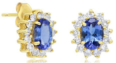 ESTATE 2.47CT DIAMOND & AAA TANZANITE 14K YELLOW GOLD OVAL & ROUND STUD EARRINGS
