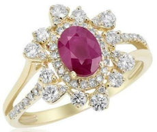 1.50CT DIAMOND & AAA RUBY 14KT YELLOW GOLD 3D ROUND & OVAL FLOWER FUN RING
