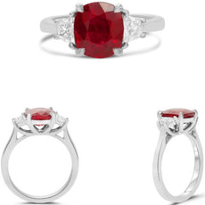 4.0CT DIAMOND & AAA RUBY PLATINUM 3D CUSHION & TRAPEZOID 3 STONE ENGAGEMENT RING