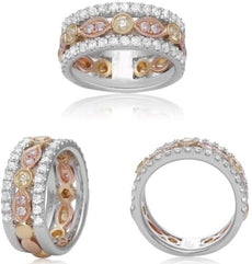 1.21CT WHITE PINK & FANCY YELLOW DIAMOND 18KT TRI COLOR GOLD 3D ANNIVERSARY RING