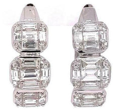 3.43CT DIAMOND 18KT WHITE GOLD 3D ROUND & BAGUETTE CLUSTER HOOP HANGING EARRINGS