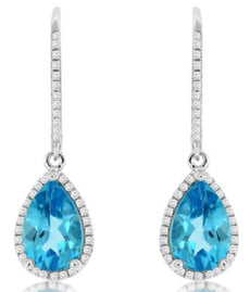 LARGE 3.32CT DIAMOND & AAA BLUE TOPAZ 14K WHITE GOLD PEAR SHAPE HANGING EARRINGS