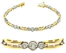 1.54CT DIAMOND 14KT 2 TONE GOLD ROUND PAST PRESENT FUTURE BEZEL TENNIS BRACELET