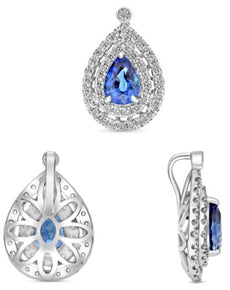 1.75CT DIAMOND & AAA SAPPHIRE 18K WHITE GOLD PEAR SHAPE & ROUND FILIGREE PENDANT