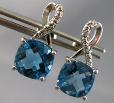 3.72CT DIAMOND & AAA BLUE TOPAZ 14KT WHITE GOLD CUSHION & ROUND HANGING EARRINGS