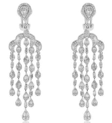 LARGE 3.76CT DIAMOND 18K WHITE GOLD ROUND & BAGUETTE CHANDELIER HANGING EARRINGS