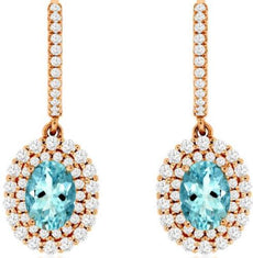 2.20CT DIAMOND & AAA AQUAMARINE 14KT ROSE GOLD OVAL & ROUND LEVERBACK EARRINGS