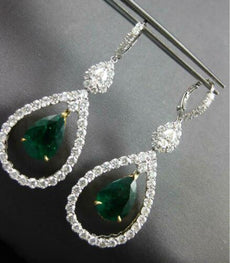 EXTRA LARGE 10.16CT DIAMOND & AAA EMERALD 18KT TWO TONE GOLD 3D HANGING EARRINGS