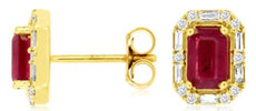 1.52CT DIAMOND & AAA RUBY 14K YELLOW GOLD EMERALD CUT & ROUND HALO STUD EARRINGS
