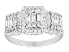 1.0CT DIAMOND 14KT WHITE GOLD ROUND & BAGUETTE CLUSTER SQUARE ANNIVERSARY RING