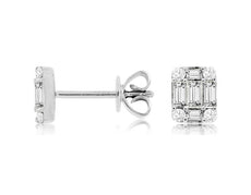 .44CT DIAMOND 14KT WHITE GOLD 3D ROUND & BAGUETTE SQUARE CLUSTER STUD EARRINGS