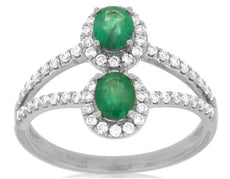 1.1CT DIAMOND & AAA EMERALD 14K WHITE GOLD OVAL & ROUND DOUBLE FLOWER FUN RING