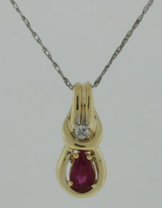 .24CT DIAMOND & AAA RUBY 14K YELLOW GOLD 3D PEAR SHAPE & ROUND FLOATING PENDANT