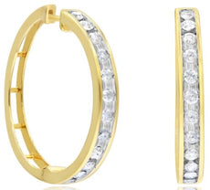ESTATE 1.02CT DIAMOND 14K YELLOW GOLD ROUND CHANNEL 2 TONE HOOP HANGING EARRINGS