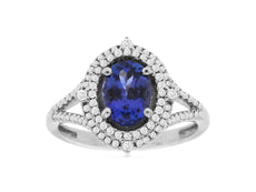 1.63CT DIAMOND AAA TANZANITE 14KT WHITE GOLD OVAL & ROUND DOUBLE HALO CROWN RING