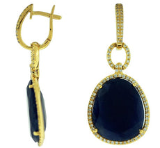 LARGE 25.60CT DIAMOND & AAA SAPPHIRE 14KT YELLOW GOLD OVAL HALO HANGING EARRINGS
