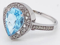 2.10CT DIAMOND & AAA BLUE TOPAZ 14KT WHITE GOLD PEAR SHAPE & ROUND HALO FUN RING