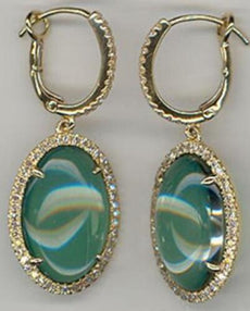 11.49CT DIAMOND & AAA GREEN AGATE 14KT YELLOW GOLD 3D OVAL & ROUND HALO EARRINGS