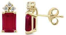 .90CT DIAMOND & AAA RUBY 14K YELLOW GOLD 3D EMERALD CUT & ROUND CLASSIC EARRINGS