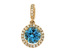 1.11CT DIAMOND & AAA BLUE TOPAZ 14KT YELLOW GOLD 3D ROUND HALO FLOATING PENDANT