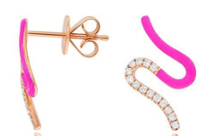 ESTATE .11CT DIAMOND & PINK ENAMEL 14KT ROSE GOLD 3D SWIRL FUN HANGING EARRINGS
