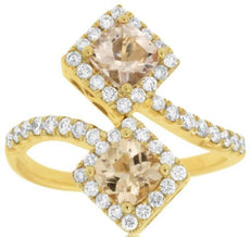 1.54CT DIAMOND & AAA MORGANITE 14K YELLOW GOLD 3D CUSHION & ROUND HALO LOVE RING