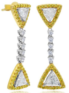 2.24CT WHITE & FANCY YELLOW DIAMOND 18K 2 TONE GOLD 3D TRILLION & ROUND EARRINGS