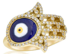 .40CT DIAMOND WHITE BLUE & YELLOW ENAMEL 18K YELLOW GOLD EVIL EYE HAMSA FUN RING
