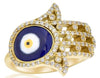 .40CT DIAMOND WHITE BLUE & YELLOW ENAMEL 18K YELLOW GOLD EVIL EYE HAMSA FUN RING