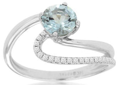 .85CT DIAMOND & AAA AQUAMARINE 14K WHITE GOLD 3D DOUBLE SWIRL SOLITAIRE FUN RING