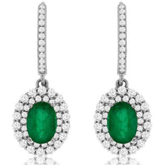 2.25CT DIAMOND & AAA EMERALD 14KT WHITE GOLD OVAL DOUBLE HALO HANGING EARRINGS