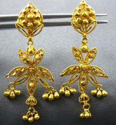 ANTIQUE 22KT YELLOW GOLD HANDCRAFTED FLOWER FILIGREE CHANDELIER HANGING EARRINGS
