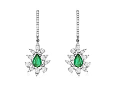 1.51CT DIAMOND & AAA EMERALD 14KT WHITE GOLD ROUND & PEAR SHAPE HANGING EARRINGS