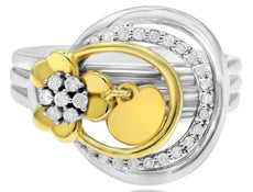 .19CT DIAMOND 18KT 2 TONE GOLD FLOWER LOVE KNOT FLOATING DOUBLE HEART LOVE RING