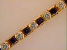 6.24CT DIAMOND & AAA GARNET 14KT YELLOW GOLD 3D ROUND & PRINCESS TENNIS BRACELET