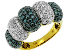 2.3CT WHITE & BLUE DIAMOND 14KT YELLOW GOLD 3D MULTI ROW OVAL PAVE FUN LOVE RING
