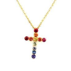 .67CT AAA MULTI COLOR SAPPHIRE 18K YELLOW GOLD 3D RAINBOW CROSS FLOATING PENDANT