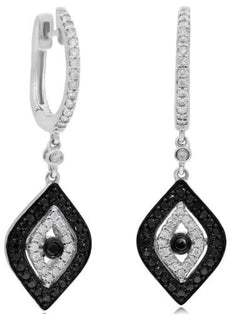 .60CT WHITE & BLACK DIAMOND 14KT WHITE GOLD EVIL EYE HUGGIE FUN HANGING EARRINGS