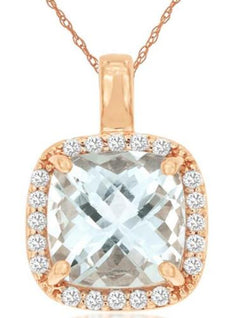 1.98CT DIAMOND & AAA AQUAMARINE 14KT ROSE GOLD CUSHION & ROUND FLOATING PENDANT