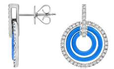 .31CT DIAMOND & BLUE ENAMEL 14K WHITE GOLD 3D MULTI CIRCULAR FUN HUGGIE EARRINGS