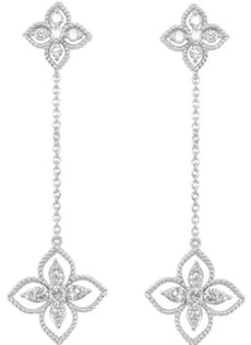 .59CT DIAMOND 14KT WHITE GOLD ROUND & PEAR SHAPE DOUBLE FLOWER HANGING EARRINGS