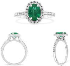 1.47CT DIAMOND & AAA EMERALD 18K WHITE GOLD 3D OVAL & ROUND HALO ENGAGEMENT RING